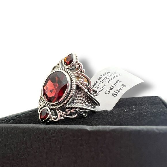 Natural Garnet 3-Stone Sterling Silver Artisan Ornate Statement Ring Size 8 - Picture 2 of 12